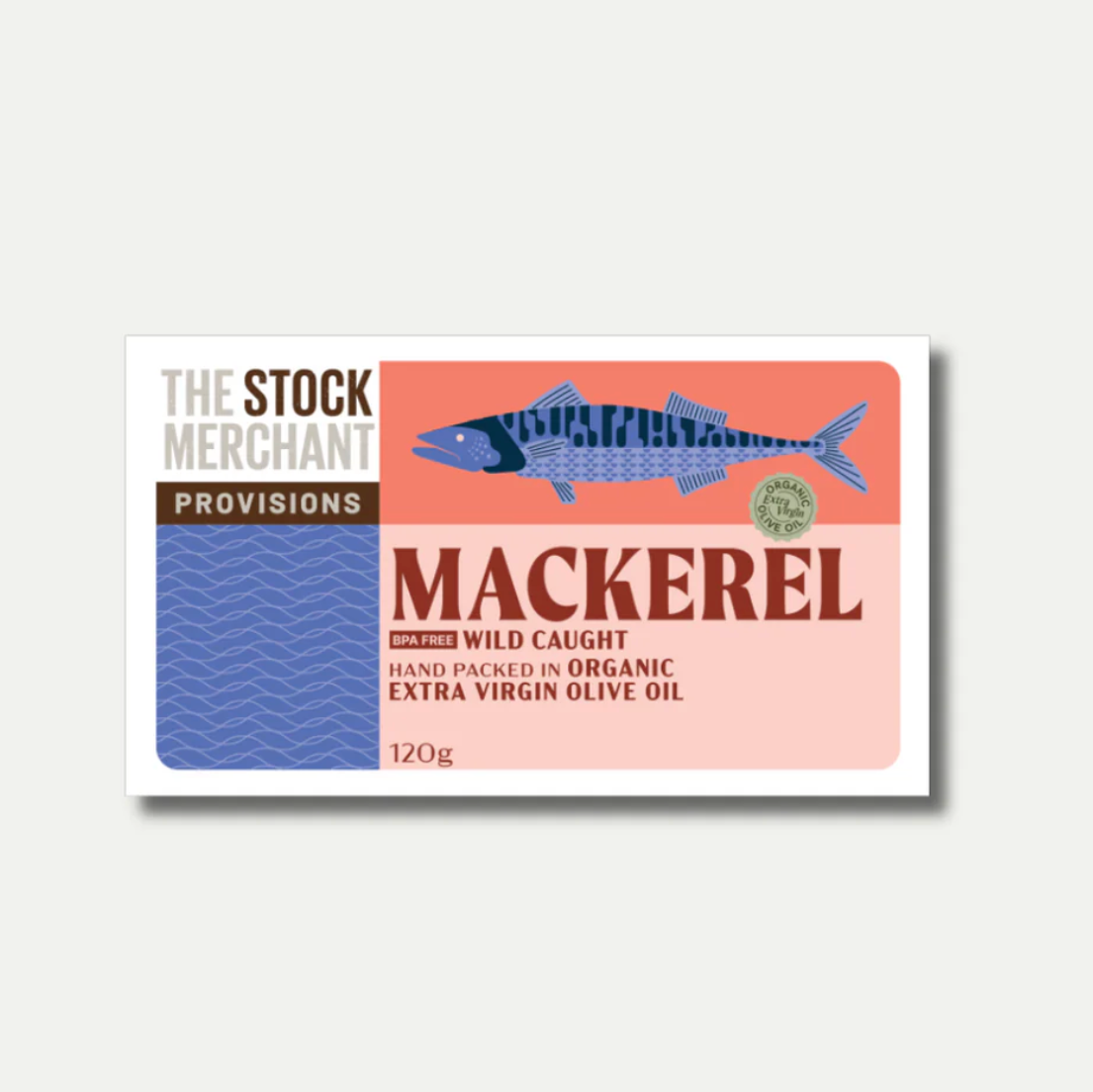 The Stock Merchant Mackerel in Organic Extra Virgin Olive Oil 120g available at The Prickly Pineapple