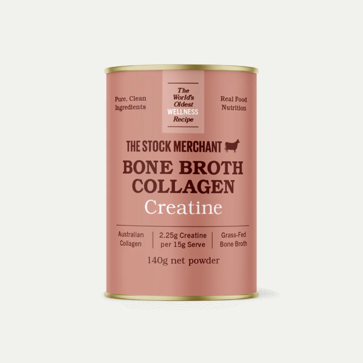 The Stock Merchant Powder Bone Broth Collagen Creatine 140g available at The Prickly Pineapple