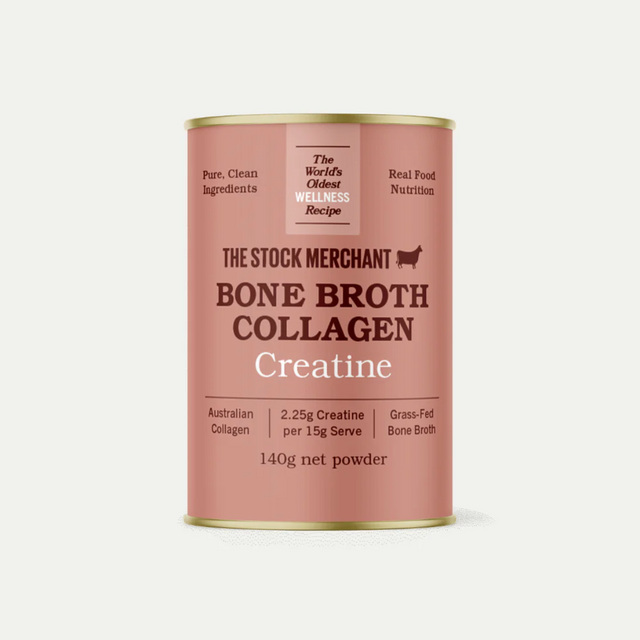 The Stock Merchant Powder Bone Broth Collagen Creatine 140g available at The Prickly Pineapple