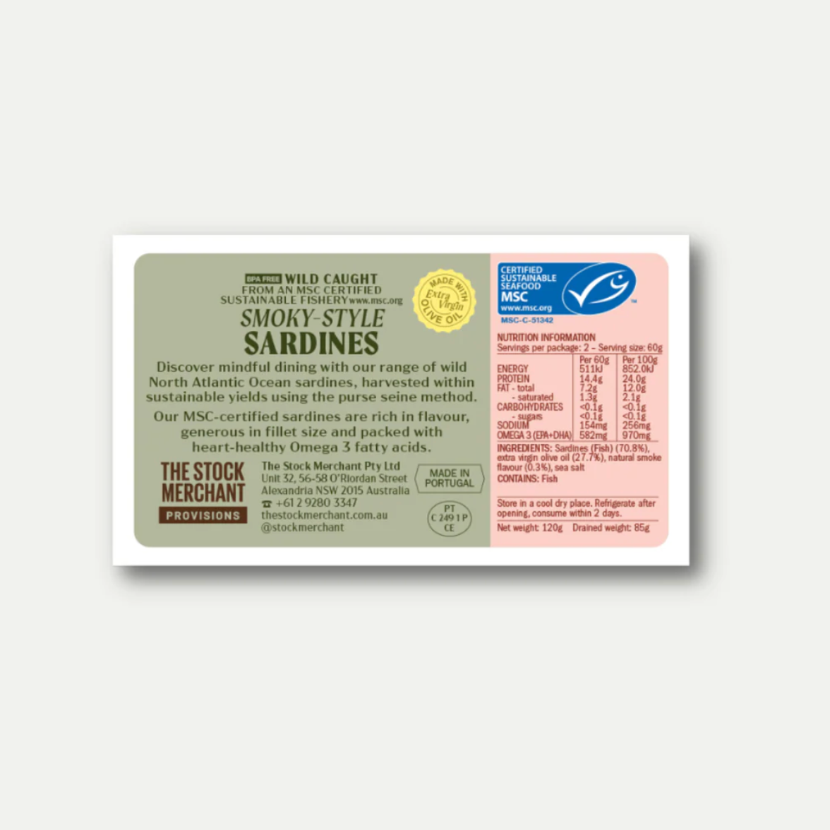 The Stock Merchant Smoky-Style Sardines in Organic EVOO 120g available at The Prickly Pineapple