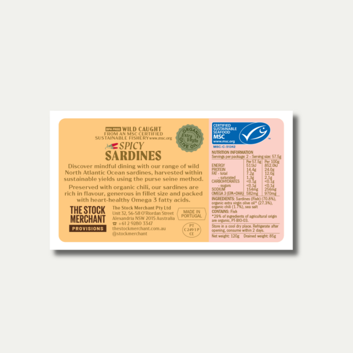 The Stock Merchant Spicy Sardines in Organic Extra Virgin Olive Oil 120g available at The Prickly Pineapple