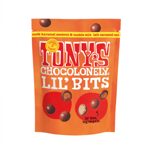Tony's Chocolonely Lil’ Bits Milk Caramel Sea Salt & Cookie Mix 113g available at The Prickly Pineapple