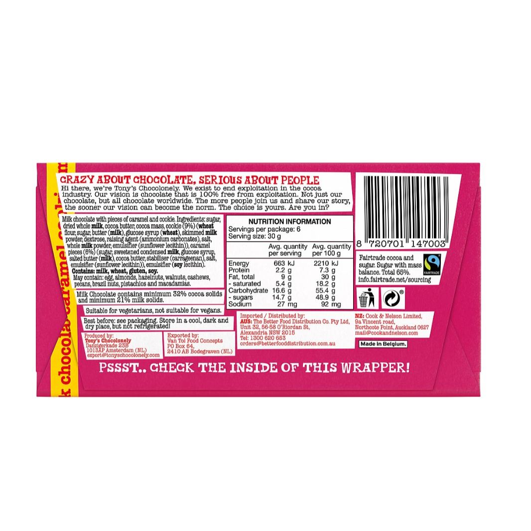 Tony's Chocolonely milk chocolate caramel cookie bar 180g available at The Prickly Pineapple