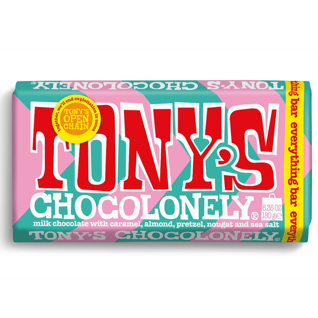Tony's Chocolonely milk chocolate everything bar 180g available at The Prickly Pineapple
