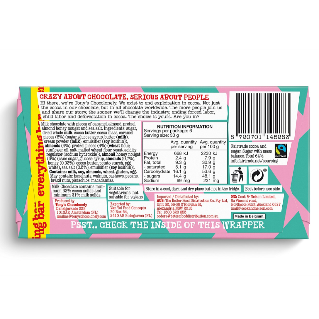 Tony's Chocolonely milk chocolate everything bar 180g available at The Prickly Pineapple