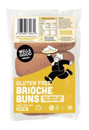 Well & Good Bakery Brioche Buns GF (3) 225g available at The Prickly Pineapple
