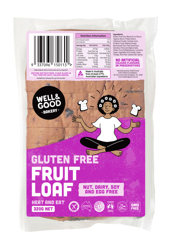 Well & Good Bakery Sliced Fruit Loaf GF 320g available at The Prickly Pineapple