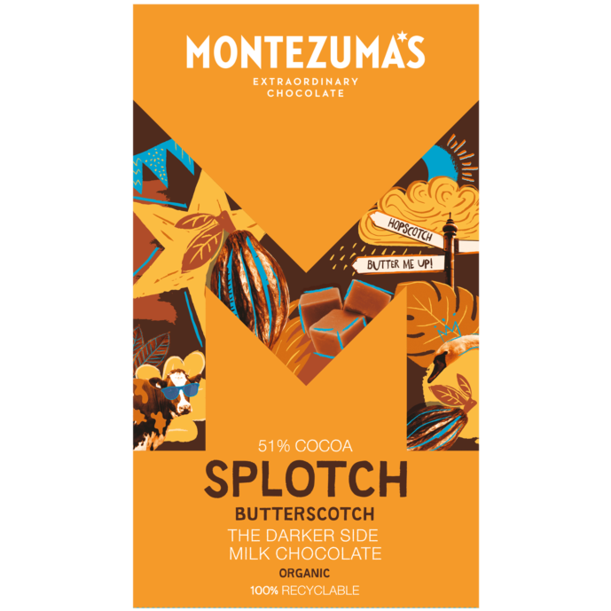 Montezuma's Organic Milk Chocolate with Butterscotch - Splotch 90g available at The Prickly Pineapple