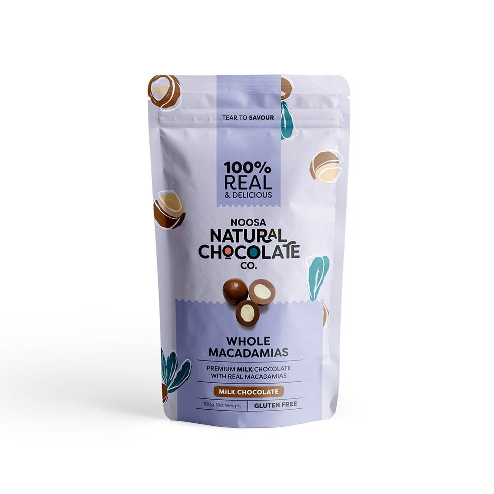 Noosa Natural Chocolate Co. Macadamia nuts coated in Milk Chocolate 100g available at The Prickly Pineapple