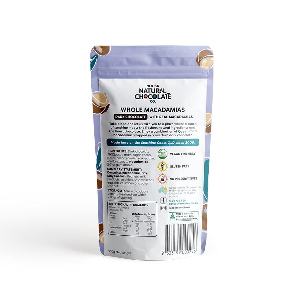 Noosa Natural Chocolate Co. Macadamia nuts coated in Dark Chocolate 100g available at The Prickly Pineapple