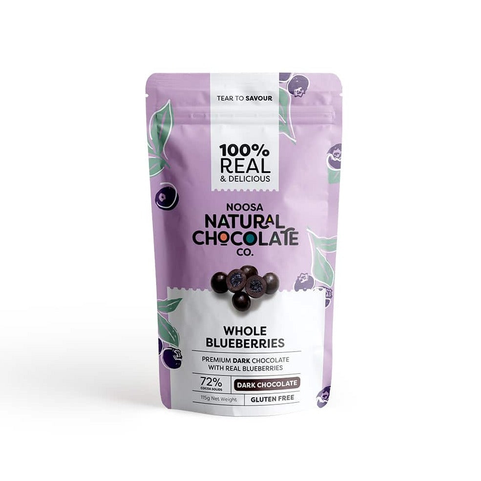 Noosa Natural Chocolate Co. Blueberries coated in Dark Chocolate 115g available at The Prickly Pineapple