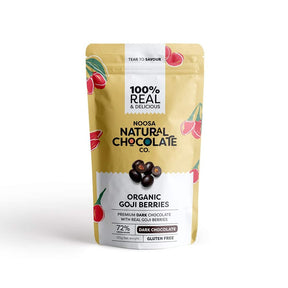 Noosa Natural Chocolate Co. Tibetan Goji Berries coated in Dark Chocolate 125g available at The Prickly Pineapple