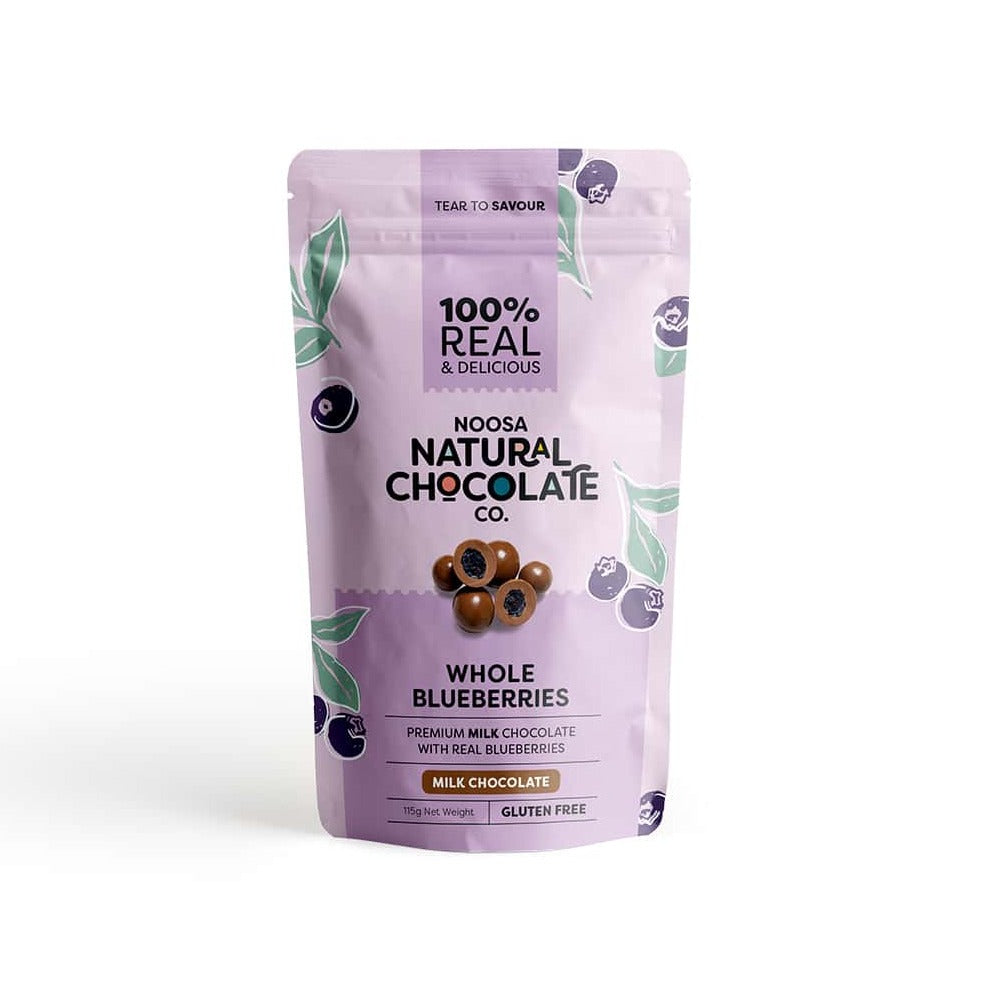 Noosa Natural Chocolate Co. Blueberries coated in Milk Chocolate 115g available at The Prickly Pineapple