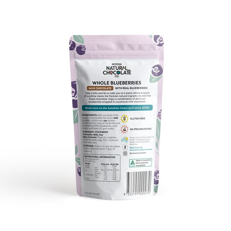 Noosa Natural Chocolate Co. Blueberries coated in Milk Chocolate 115g available at The Prickly Pineapple