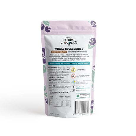 Noosa Natural Chocolate Co. Blueberries coated in Milk Chocolate 115g available at The Prickly Pineapple