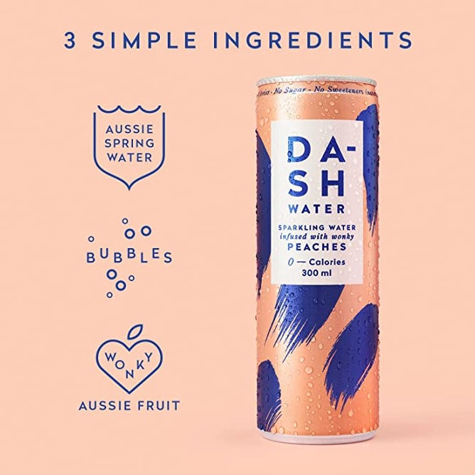 Dash Water Sparkling Water infused with Wonky Fruit Drink Peaches 300ml available at The Prickly Pineapple