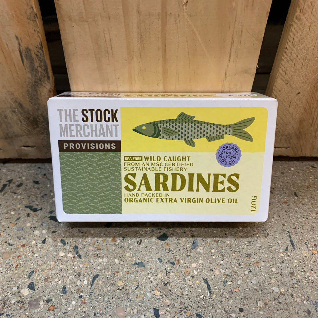 The Stock Merchant Sardines in Organic Extra Virgin Olive Oil 120g available at The Prickly Pineapple