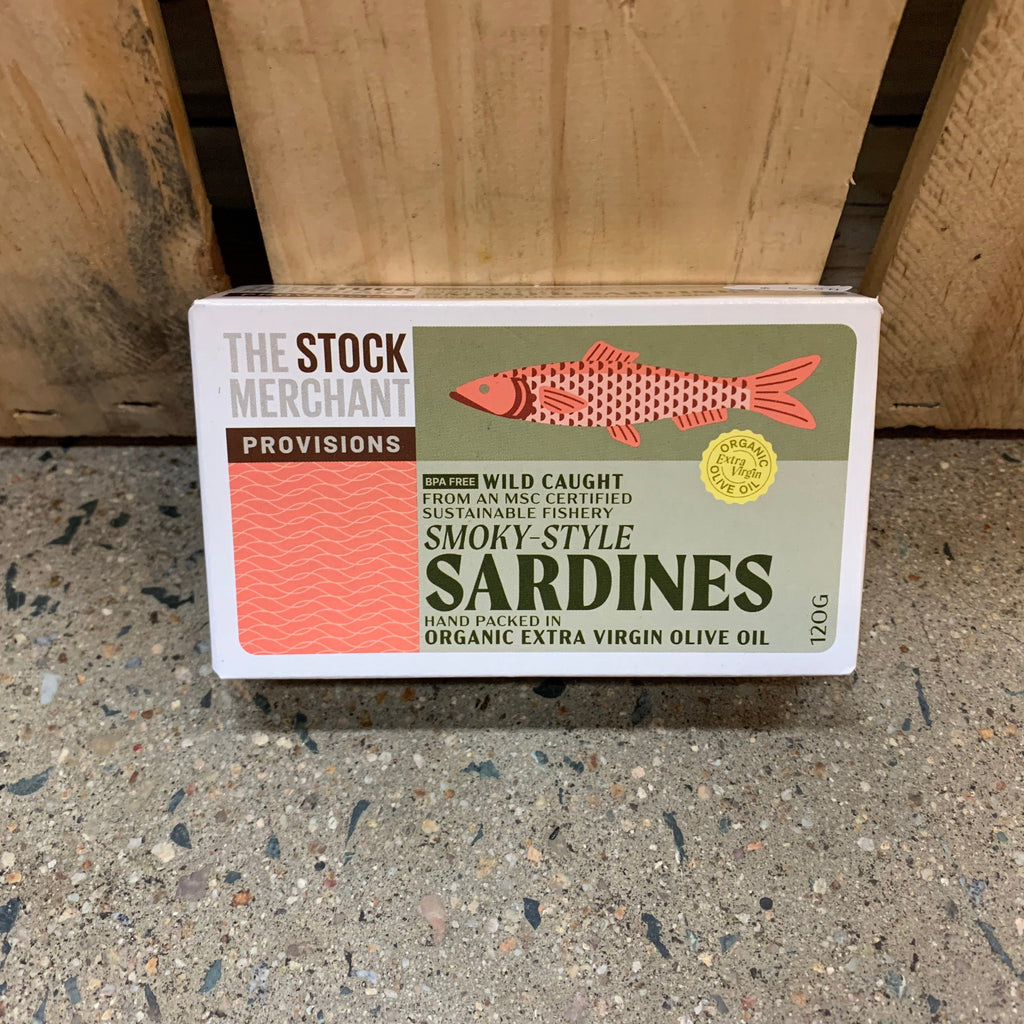 The Stock Merchant Smoky-Style Sardines in Organic Extra Virgin Olive Oil 120g available at The Prickly Pineapple