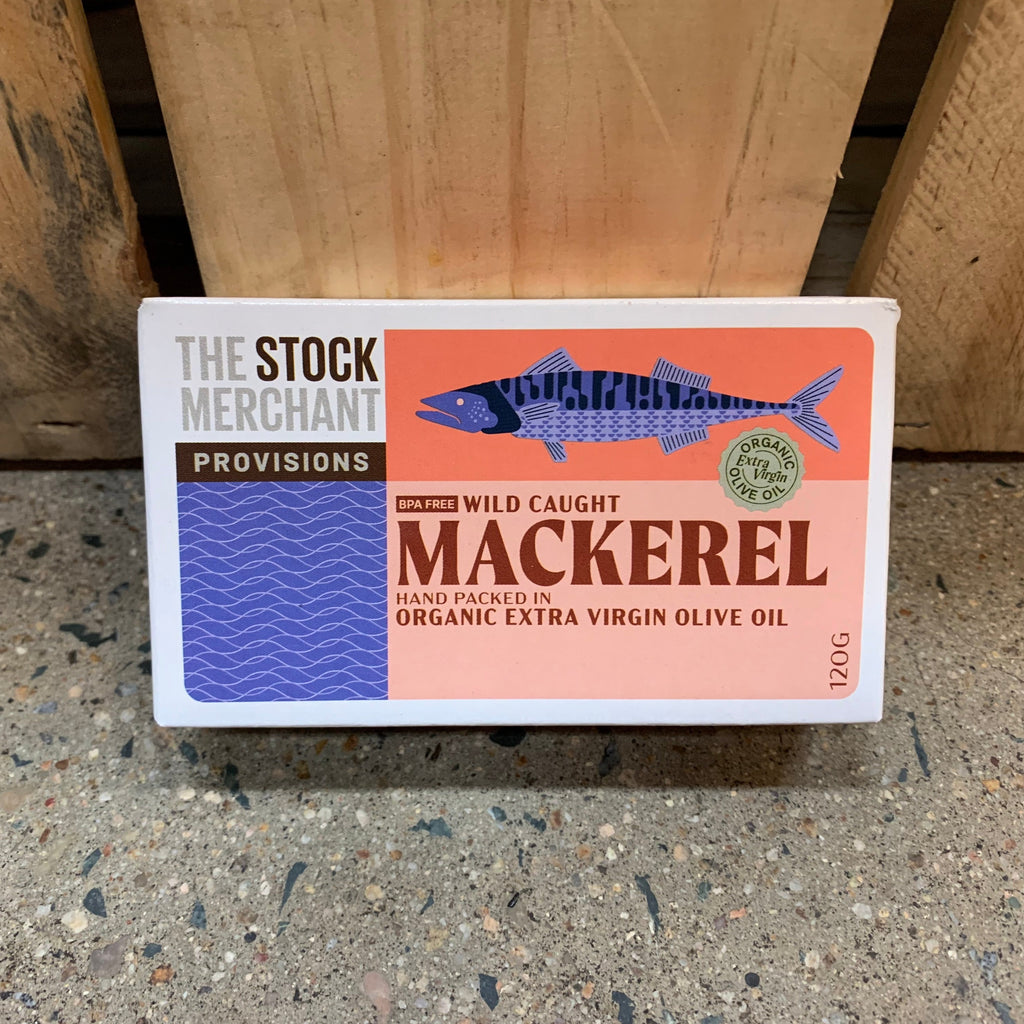 The Stock Merchant Mackerel in Organic Extra Virgin Olive Oil 120g available at The Prickly Pineapple