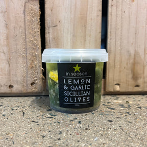 In Season Lemon & Garlic Sicillian Olives 350g available at The Prickly Pineapple