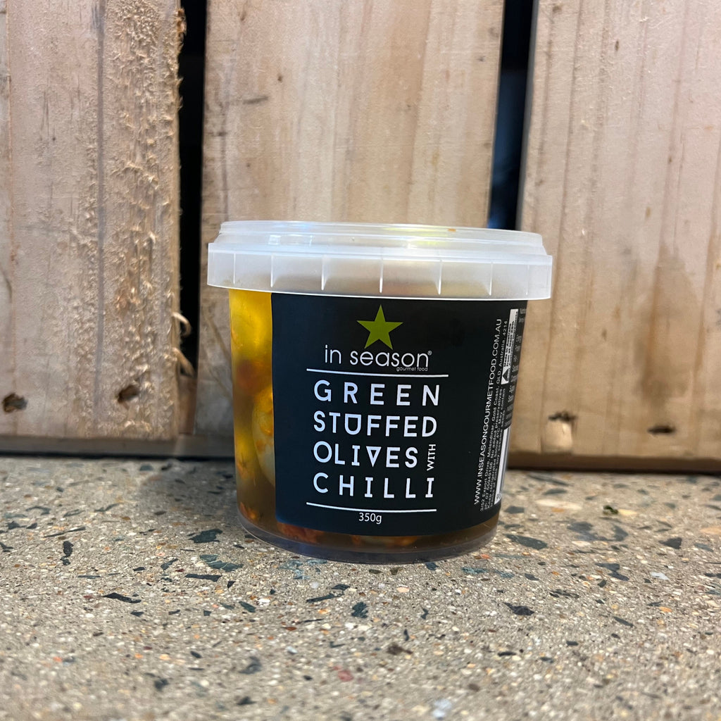In Season Green Stuffed Olives with Chilli 350g available at The Prickly Pineapple