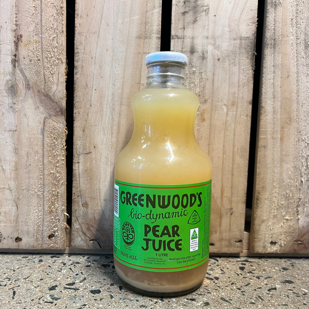Greenwood Orchard's Bio-Dynamic Juice varieties 1ltr pear flavour available at The Prickly Pineapple