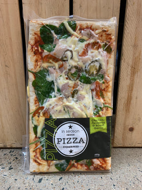 In season stone back pizza chicken, jalepeno, roast garlic available at The Prickly Pineapple