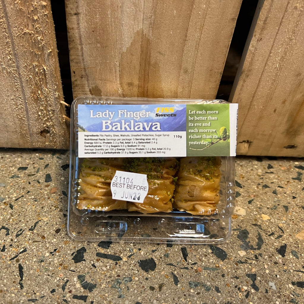 Fiss Sweets Lady Finger Baklava 110g available at The Prickly Pineapple
