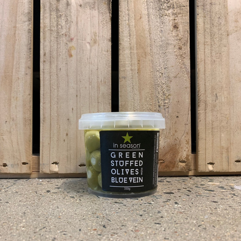in season green stuffed olives with blue vein cheese 350g available at The Prickly Pineapple