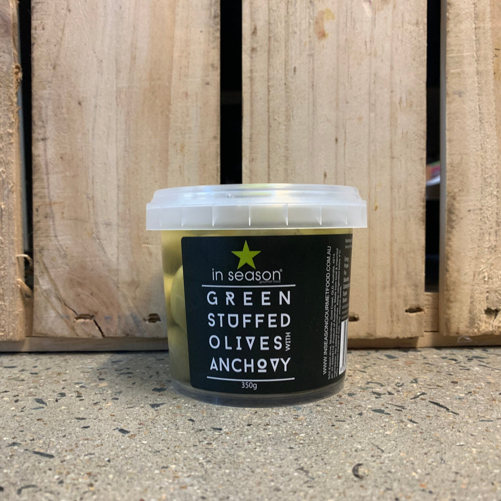 In Season Green Stuffed Olives with Anchovy 350g available at The Prickly Pineapple