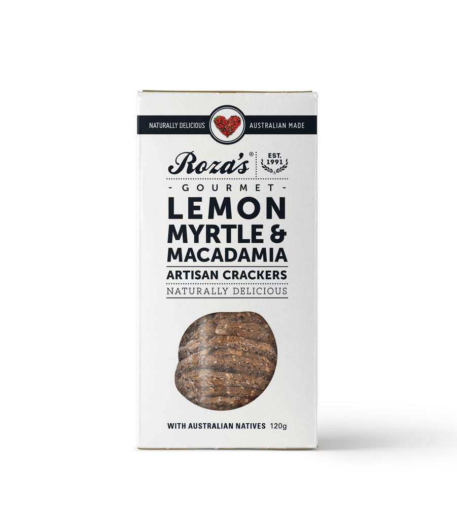 Roza's Lemon Myrtle & Macadamia Artisanal Crackers 120g available at The Prickly Pineapple