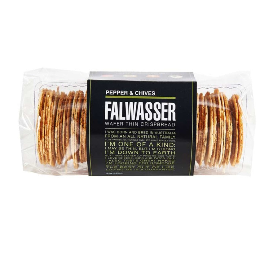 Falwasser Wafer Thin Crispbread Pepper & Chives 120g available at The Prickly Pineapple