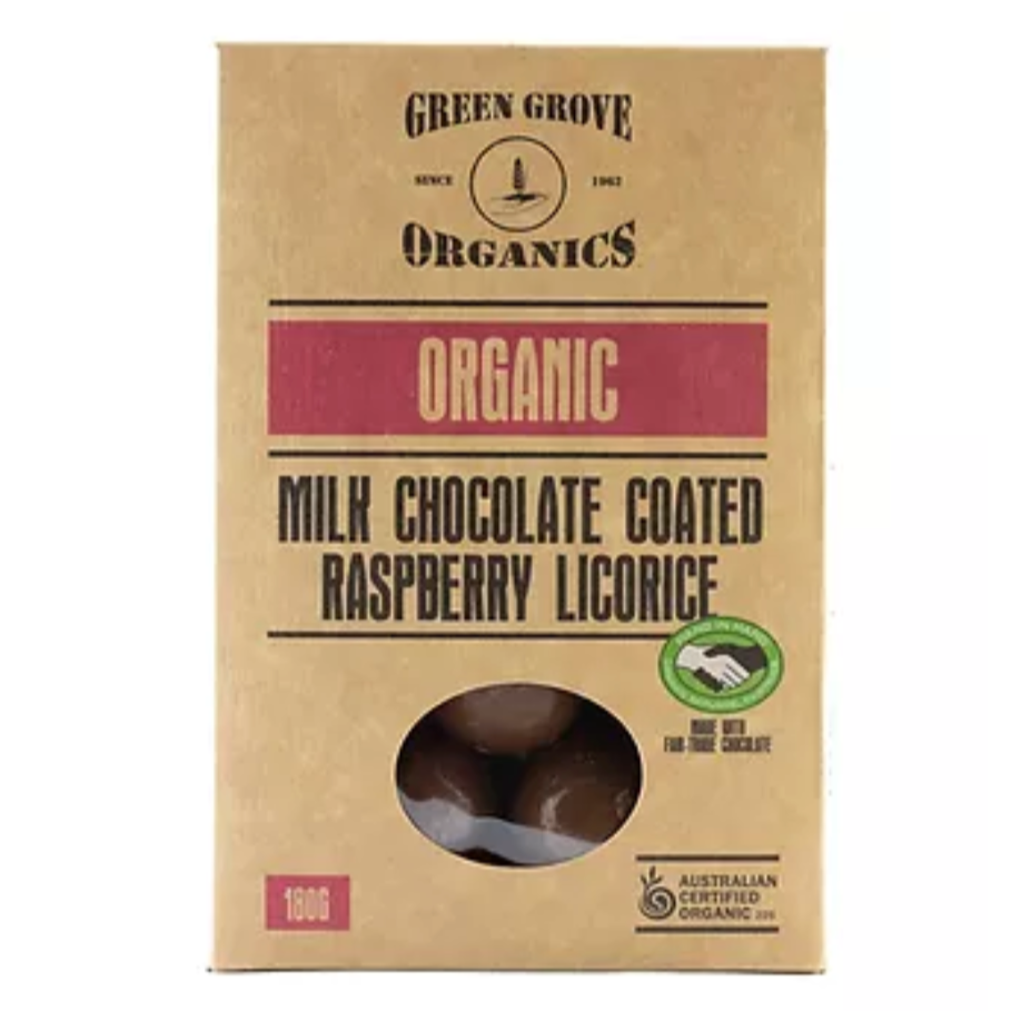 Green Grove Organics Milk Chocolate Coated Raspberry Licorice available at The Prickly Pineapple