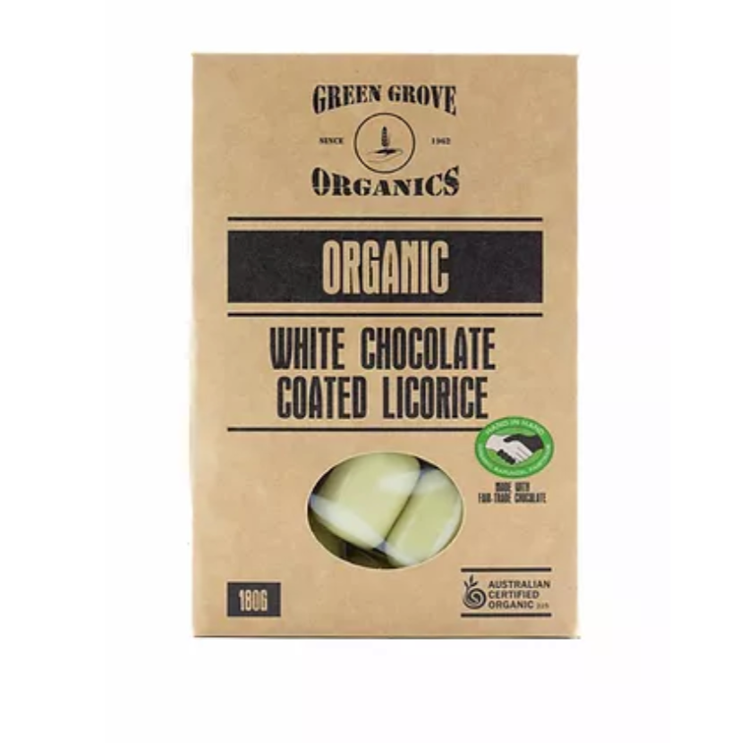 Green Grove Organics White Chocolate Coated Licorice available at The Prickly Pineapple