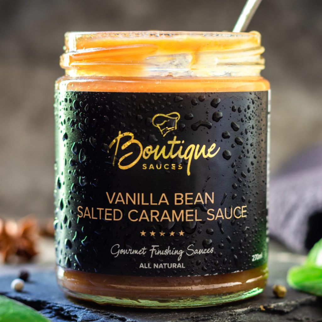 Boutique Sauces Vanilla Bean Salted Caramel Sauce 270ml bottle available at The Prickly Pineapple