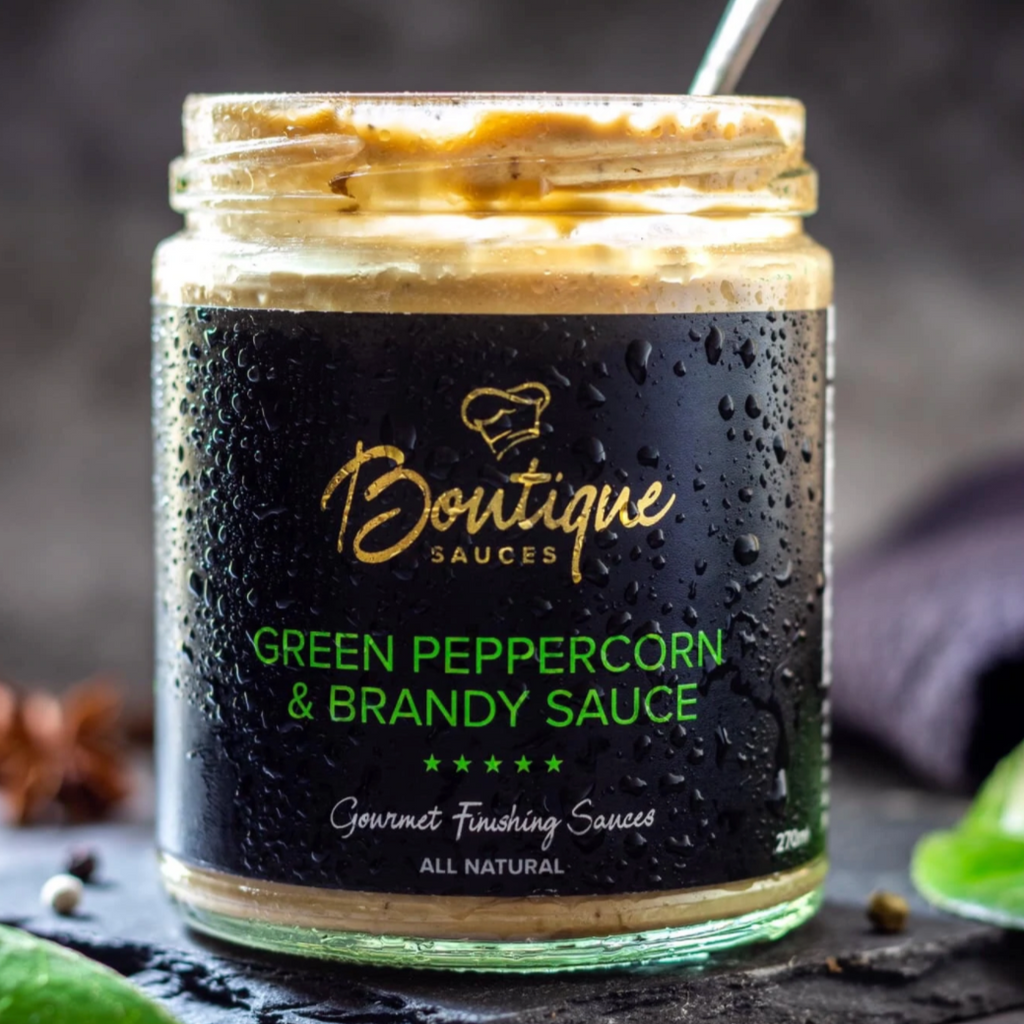 Boutique Sauces Green Peppercorn & Brandy Sauce 270ml bottle available at The Prickly Pineapple