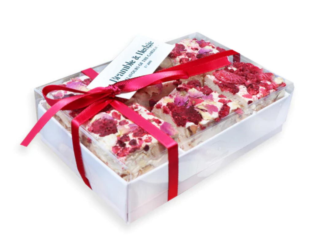 Bramble & Hedge Raspberry, Caramelised White Chocolate & Rose Praline Nougat 6 Piece Gift Box 180g available at The Prickly Pineapple