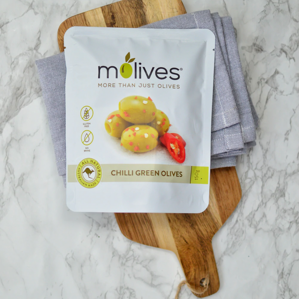 Molives Chilli Marinated Green Olives 150g available at The Prickly Pineapple