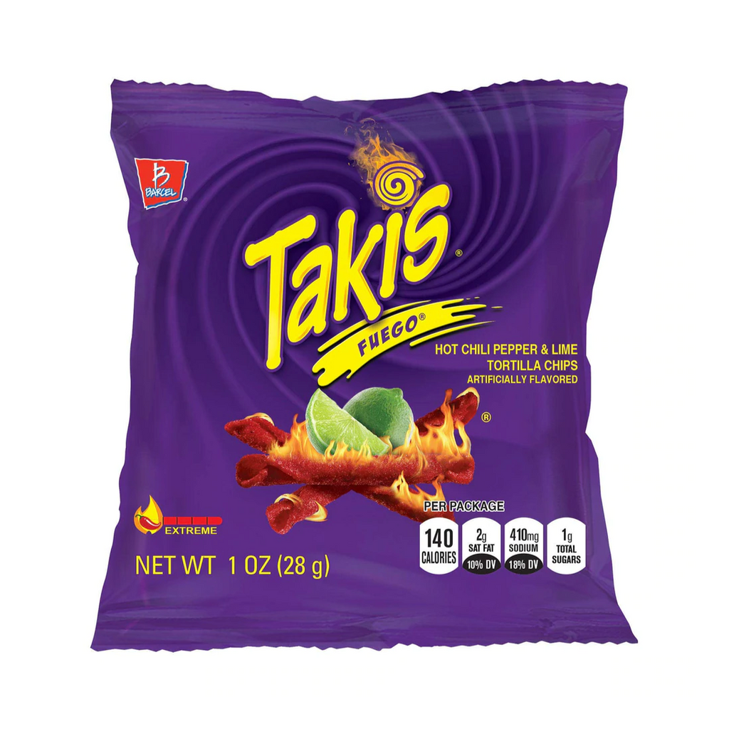 Takis Fuego Hot Chilli Pepper & Lime Tortilla Chips 28g available at The Prickly Pineapple