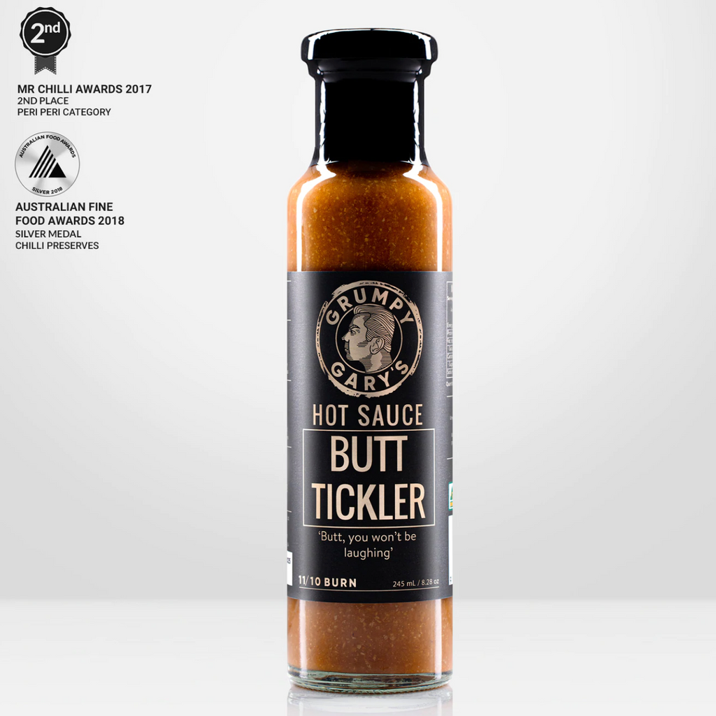 Grumpy Gary's Butt Tickler Hot Sauce 245ml available at The Prickly Pineapple