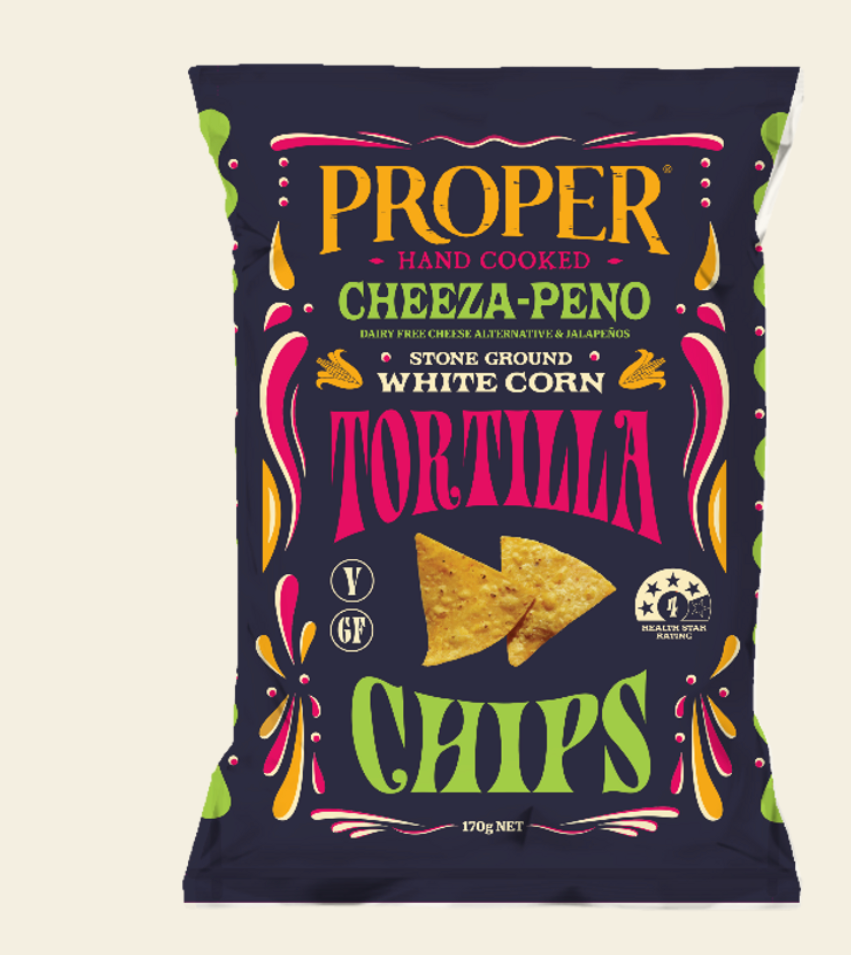 Proper Crisps Tortilla Chips Cheeza-Peno 170g available at The Prickly Pineapple