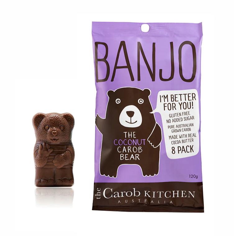 Banjo The Carob Bear Varieties 8 pack coconut flavour available at The Prickly Pineapple