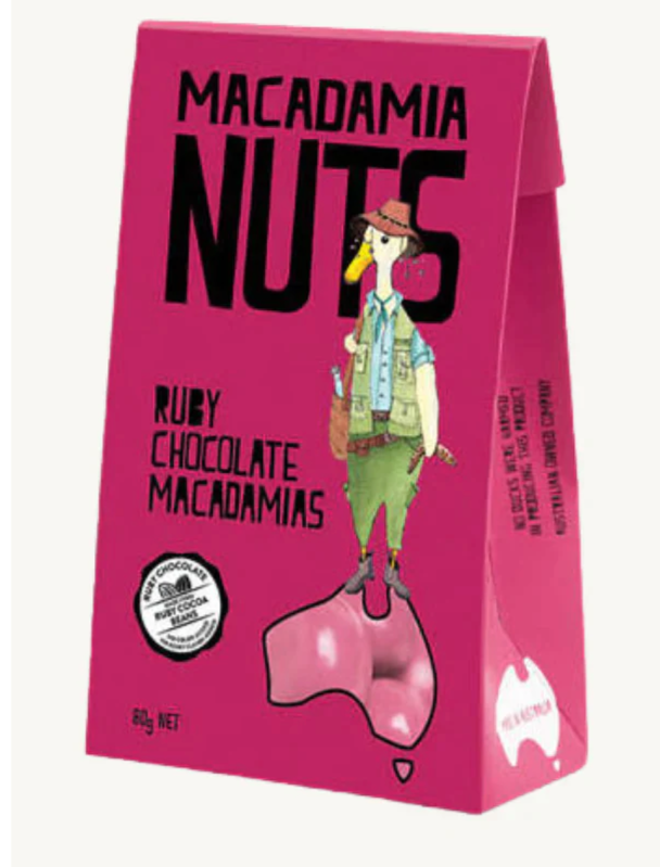 Duck Creek Coated Macadamia Ruby Chocolate Gluten Free 80g available at The Prickly Pineapple