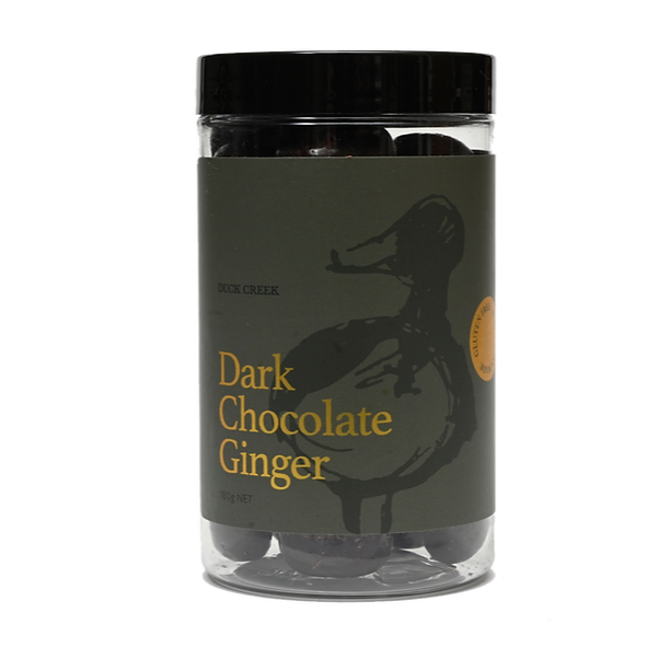 Duck Creek Chocolate Coated Gift Jar Varieties GF 165g dark chocolate ginger available at the prickly pineapple