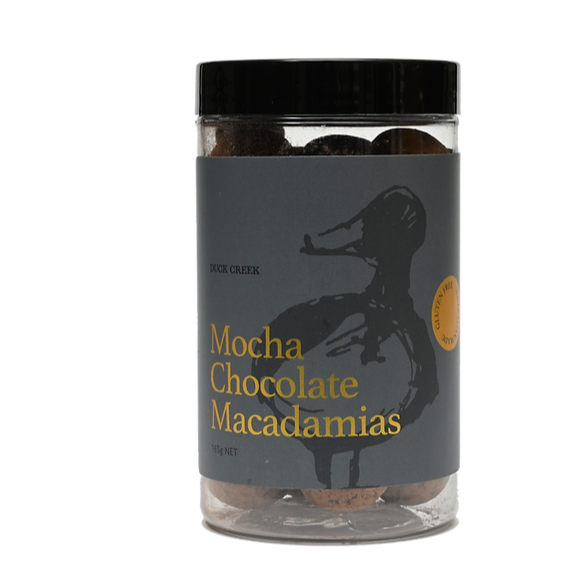 Duck Creek Chocolate Coated Gift Jar Varieties GF 165g mocha chocolate macadamias available at the prickly pineapple