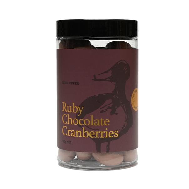 Duck Creek Chocolate Coated Gift Jar Varieties GF 165g ruby chocolate cranberries available at the prickly pineapple