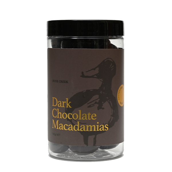 Duck Creek Chocolate Coated Gift Jar Varieties GF 165g dark chocolate macadmias available at the prickly pineapple