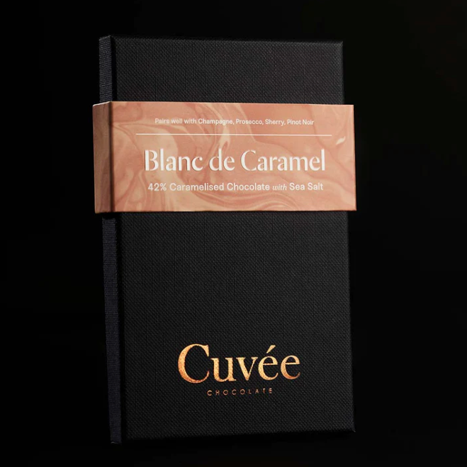 Cuvee Chocolate Blanc de Caramel 42% Caramelised Chocolate (with Sea Salt) 70g available at The Prickly Pineapple