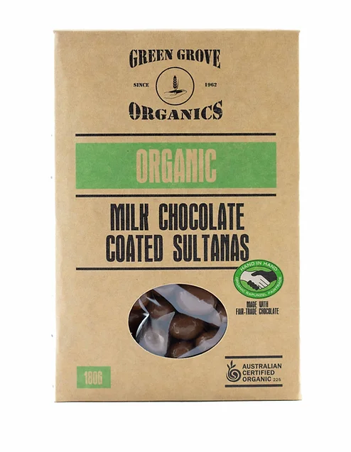 Junee Organic Milk Chocolate Coated Sultanas 180g available at The Prickly Pineapple