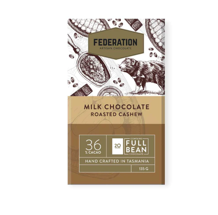 Federation Artisan Chocolate Roasted Cashew Milk Chocolate 135g available at The Prickly Pineapple